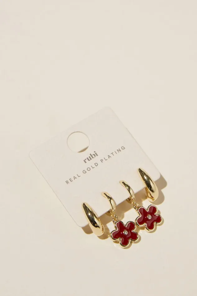 Women Jewelry Cotton On 2Pk Mid Earring Gold Plated Red Retro Flower