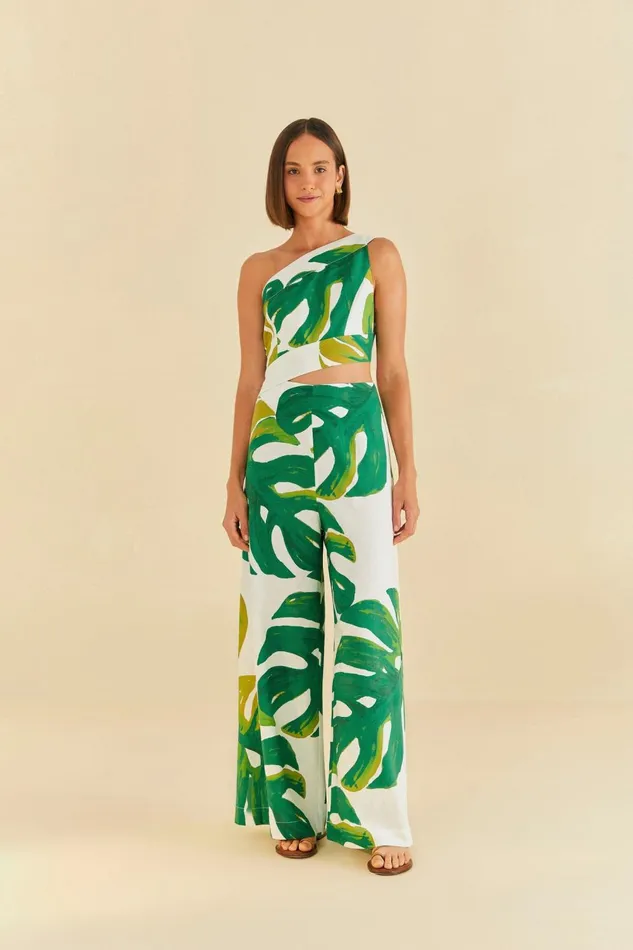 Women Jumpsuits Farm Rio White Monstera One Shoulder Jumpsuit