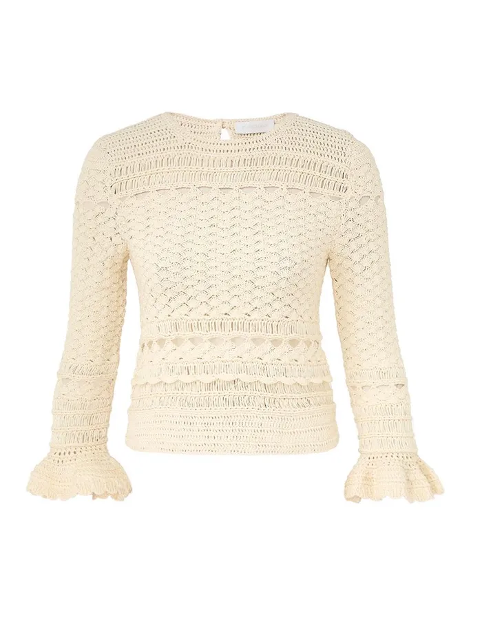 Women Knitwear Zimmermann Waverly Crochet Crew Neck Top Cream