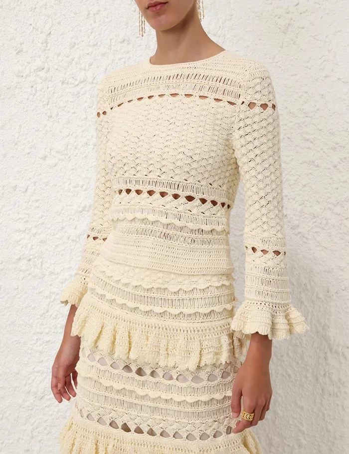 Women Knitwear Zimmermann Waverly Crochet Crew Neck Top Cream