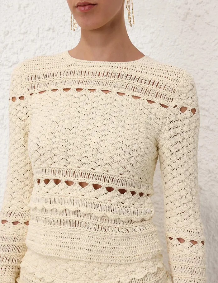 Women Knitwear Zimmermann Waverly Crochet Crew Neck Top Cream