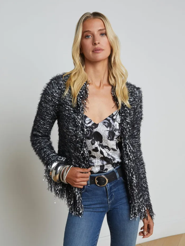 Women L039Agence Blazers and Jackets New Azure Fringe Cardigan Blazer Blacksilver Multi Women L039Agence Blazers and Jackets New Azure Fringe Cardigan Blazer Blacksilver Multi