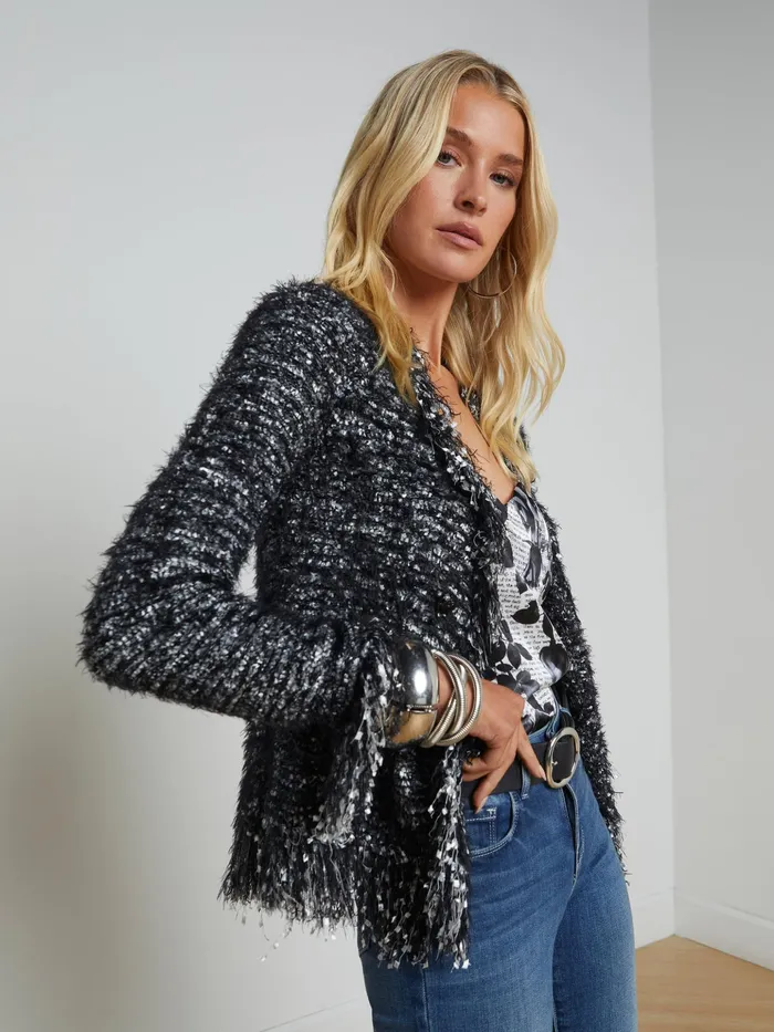 Women L039Agence Blazers and Jackets New Azure Fringe Cardigan Blazer Blacksilver Multi Women L039Agence Blazers and Jackets New Azure Fringe Cardigan Blazer Blacksilver Multi