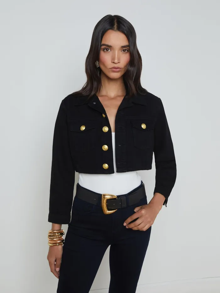 Women L039Agence Blazers and Jackets New Genevie Cropped Denim Jacket Noir