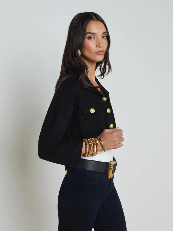 Women L039Agence Blazers and Jackets New Genevie Cropped Denim Jacket Noir Women L039Agence Blazers and Jackets New Genevie Cropped Denim Jacket Noir