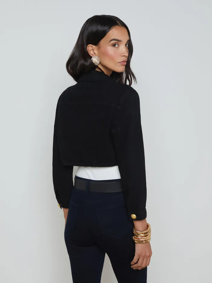 Women L039Agence Blazers and Jackets New Genevie Cropped Denim Jacket Noir Women L039Agence Blazers and Jackets New Genevie Cropped Denim Jacket Noir