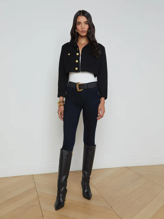 Women L039Agence Blazers and Jackets New Genevie Cropped Denim Jacket Noir Women L039Agence Blazers and Jackets New Genevie Cropped Denim Jacket Noir