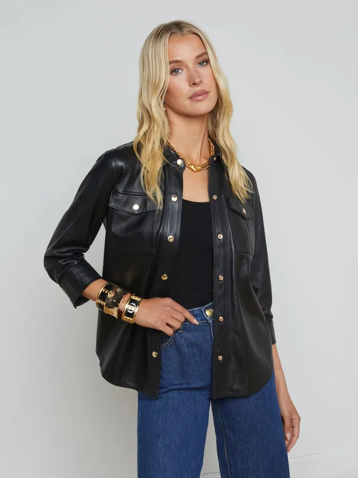 Women L039Agence Blouses and Tops Avina Leather Shirt Black Women L039Agence Blouses and Tops Avina Leather Shirt Black