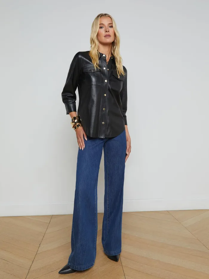 Women L039Agence Blouses and Tops Avina Leather Shirt Black Women L039Agence Blouses and Tops Avina Leather Shirt Black