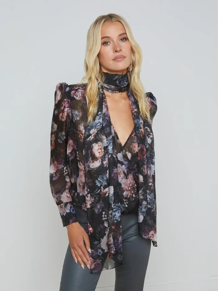 Women L039Agence Blouses and Tops Cambria Silk TieNeck Blouse Black Multi Vintage Oil Flower Women L039Agence Blouses and Tops Cambria Silk TieNeck Blouse Black Multi Vintage Oil Flower