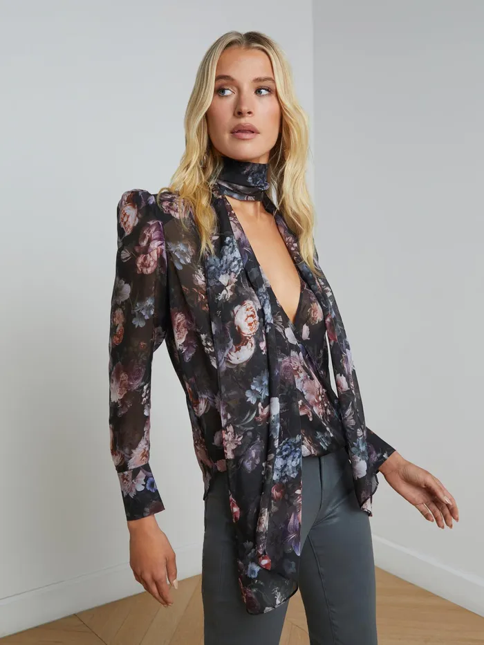 Women L039Agence Blouses and Tops Cambria Silk TieNeck Blouse Black Multi Vintage Oil Flower Women L039Agence Blouses and Tops Cambria Silk TieNeck Blouse Black Multi Vintage Oil Flower