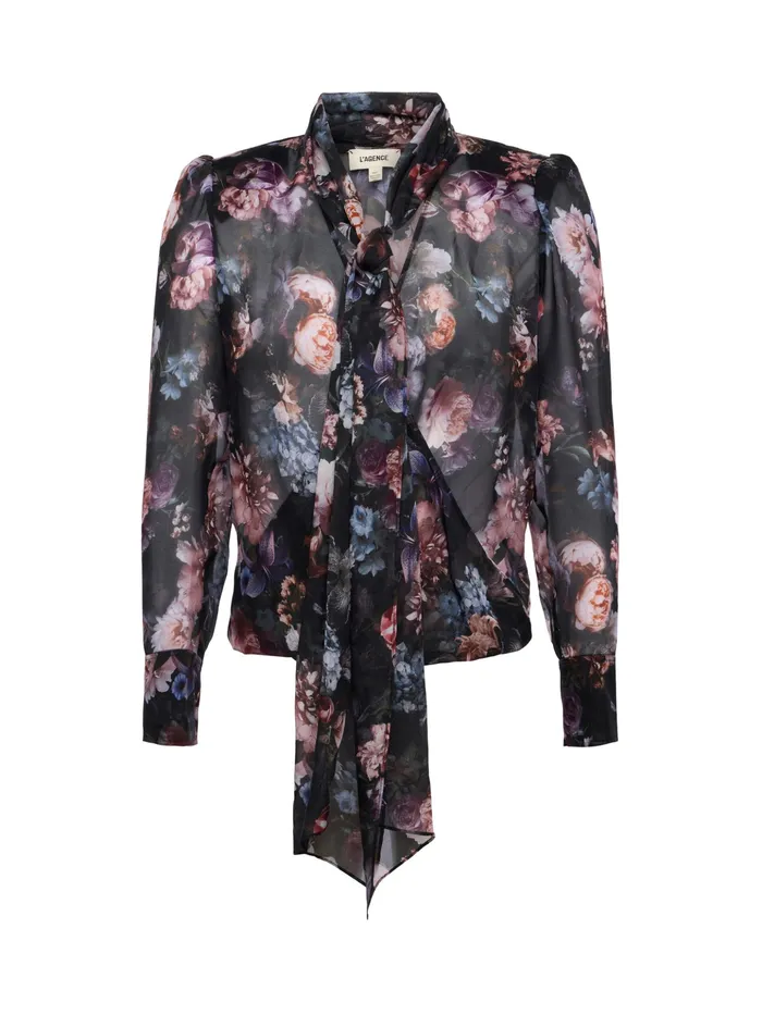 Women L039Agence Blouses and Tops Cambria Silk TieNeck Blouse Black Multi Vintage Oil Flower Women L039Agence Blouses and Tops Cambria Silk TieNeck Blouse Black Multi Vintage Oil Flower