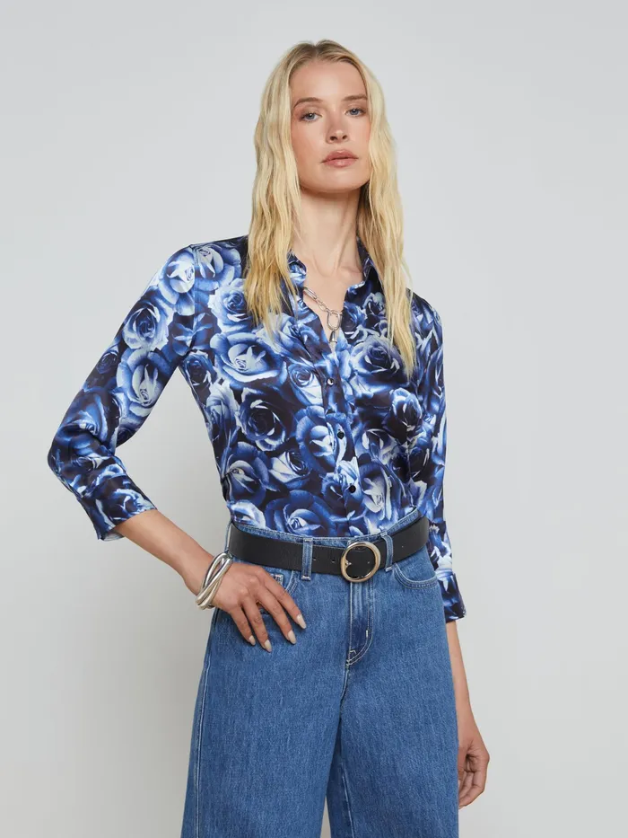Women L039Agence Blouses and Tops Dani Silk Blouse Midnight Multi Rose Bunch