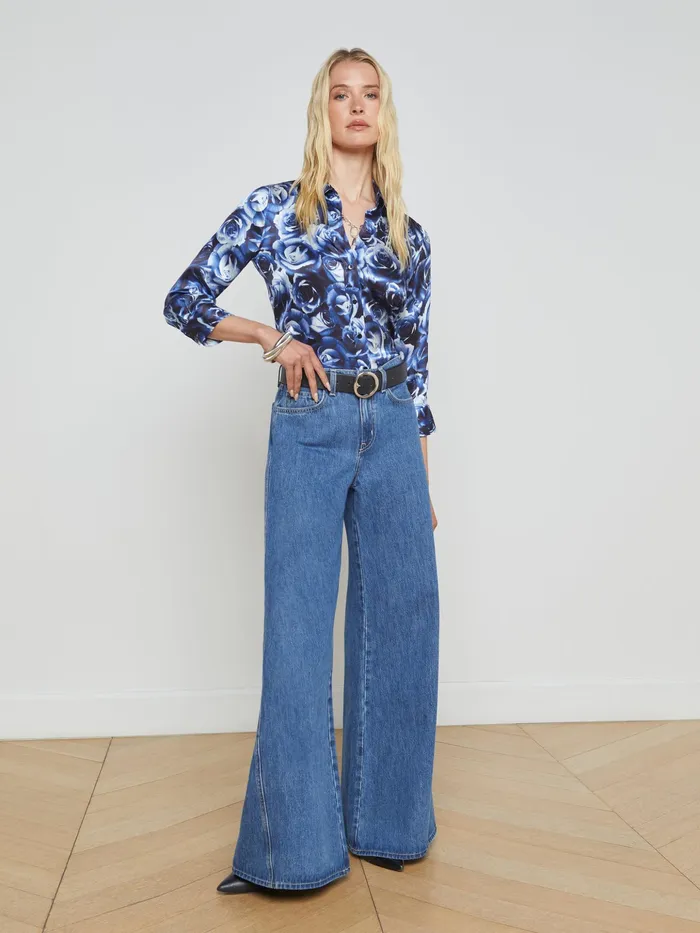 Women L039Agence Blouses and Tops Dani Silk Blouse Midnight Multi Rose Bunch