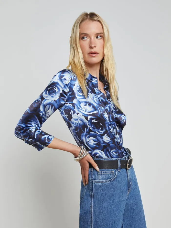 Women L039Agence Blouses and Tops Dani Silk Blouse Midnight Multi Rose Bunch