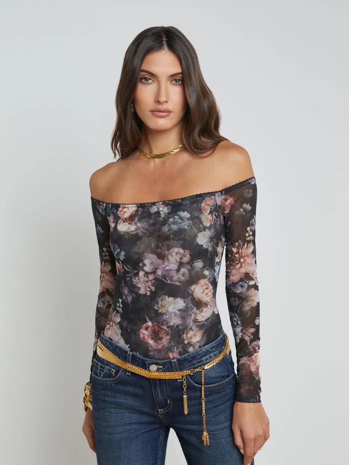 Women L039Agence Blouses and Tops Peonie OffTheShoulder Bodysuit Black Multi Vintage Oil Flower Women L039Agence Blouses and Tops Peonie OffTheShoulder Bodysuit Black Multi Vintage Oil Flower