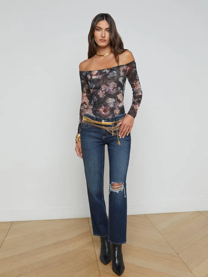 Women L039Agence Blouses and Tops Peonie OffTheShoulder Bodysuit Black Multi Vintage Oil Flower Women L039Agence Blouses and Tops Peonie OffTheShoulder Bodysuit Black Multi Vintage Oil Flower