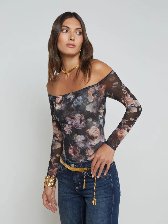 Women L039Agence Blouses and Tops Peonie OffTheShoulder Bodysuit Black Multi Vintage Oil Flower Women L039Agence Blouses and Tops Peonie OffTheShoulder Bodysuit Black Multi Vintage Oil Flower