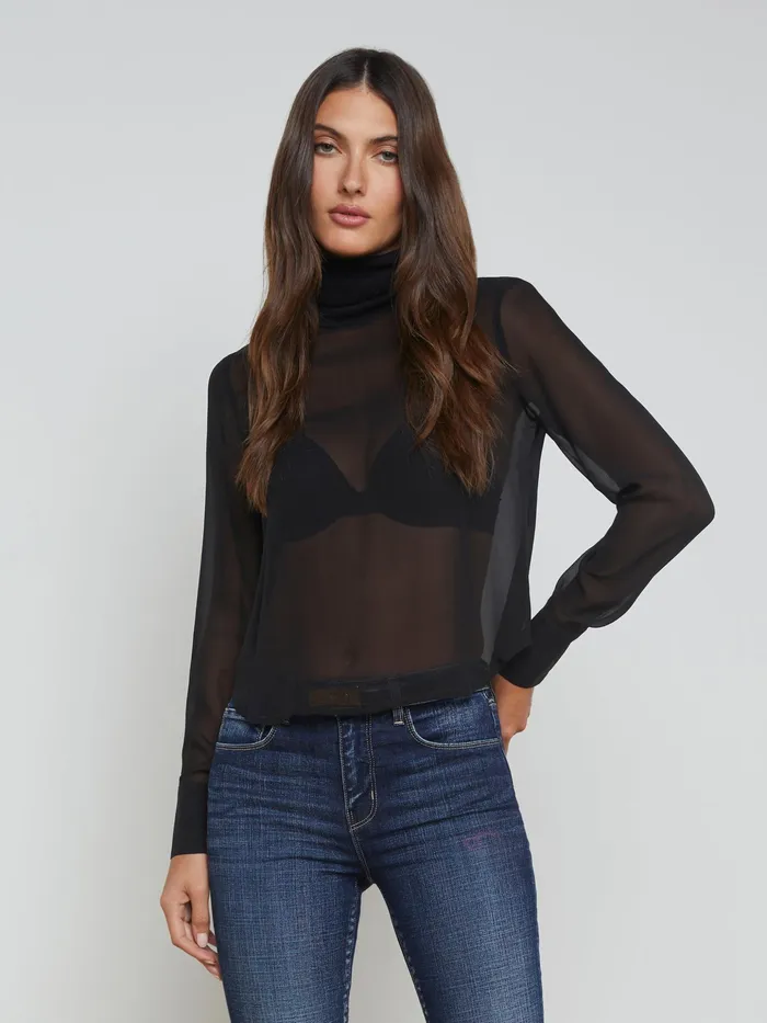 Women L039Agence Blouses and Tops Toulon Silk Chiffon Turtleneck Black