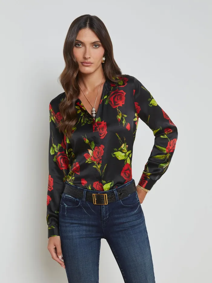 Women L039Agence Blouses and Tops Tyler Silk Blouse Black Multi Romantic Rose Women L039Agence Blouses and Tops Tyler Silk Blouse Black Multi Romantic Rose