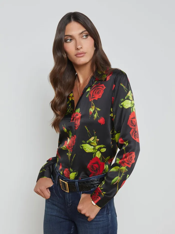 Women L039Agence Blouses and Tops Tyler Silk Blouse Black Multi Romantic Rose