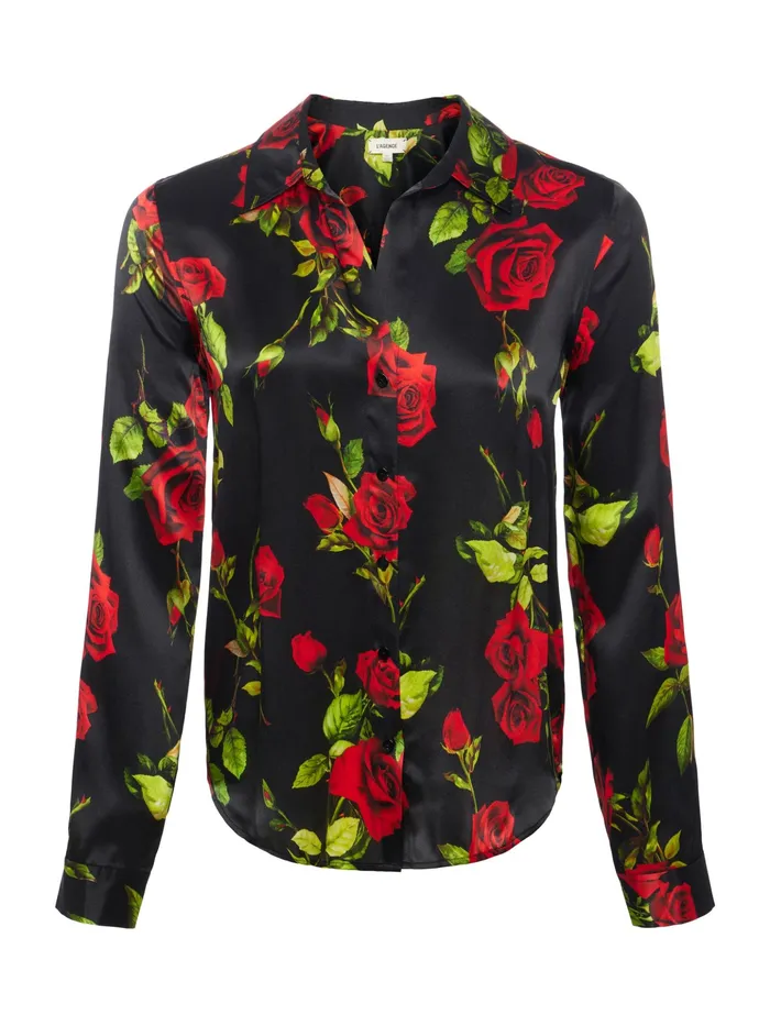 Women L039Agence Blouses and Tops Tyler Silk Blouse Black Multi Romantic Rose