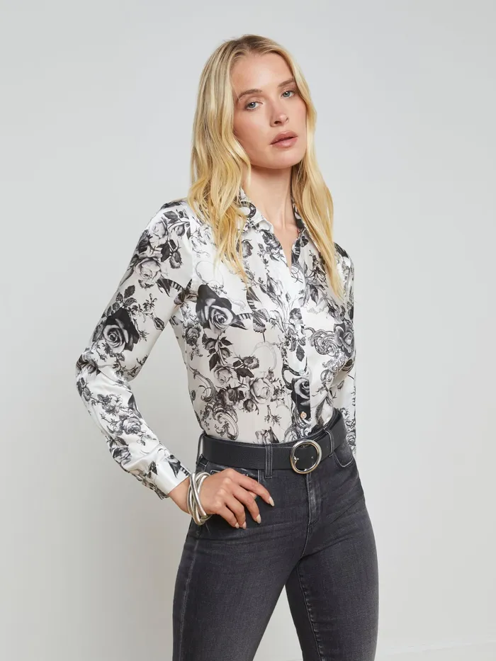 Women L039Agence Blouses and Tops Tyler Silk Blouse Whiteblack Baroque Floral Women L039Agence Blouses and Tops Tyler Silk Blouse Whiteblack Baroque Floral
