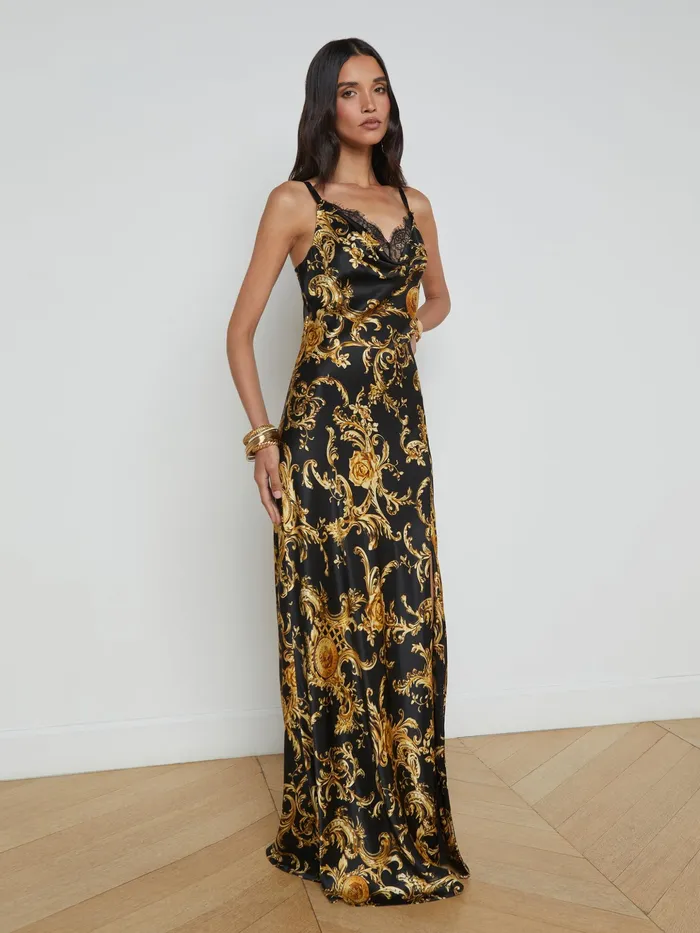 Women L039Agence Dresses and Jumpsuits Venice Silk Gown Blackgold Large Barocco Swirl Women L039Agence Dresses and Jumpsuits Venice Silk Gown Blackgold Large Barocco Swirl