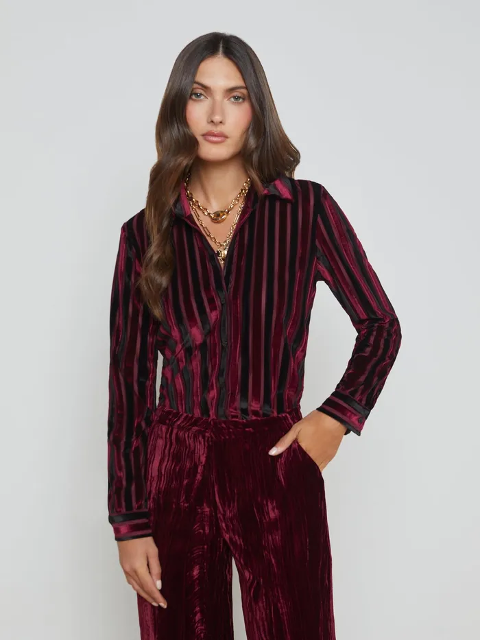 Women L039Agence Matching Sets Laurent Striped Velvet Blouse Deep Burgundyblack Stripe Women L039Agence Matching Sets Laurent Striped Velvet Blouse Deep Burgundyblack Stripe