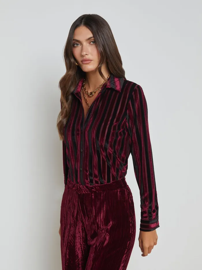 Women L039Agence Matching Sets Laurent Striped Velvet Blouse Deep Burgundyblack Stripe Women L039Agence Matching Sets Laurent Striped Velvet Blouse Deep Burgundyblack Stripe
