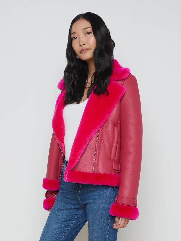 Women L039Agence Outerwear New Niri Shearling Leather Jacket Pink Glo Women L039Agence Outerwear New Niri Shearling Leather Jacket Pink Glo