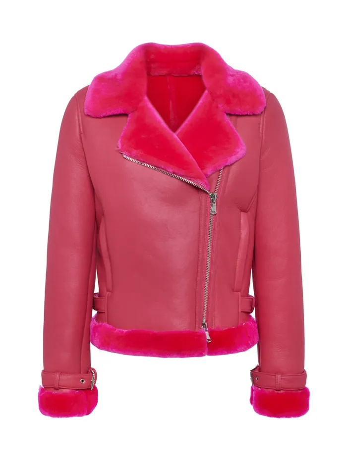 Women L039Agence Outerwear New Niri Shearling Leather Jacket Pink Glo Women L039Agence Outerwear New Niri Shearling Leather Jacket Pink Glo