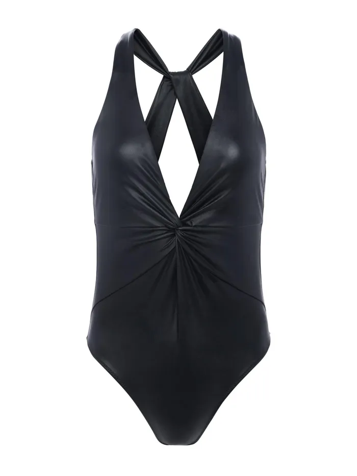 Women L039Agence Swimwear Gabrielle Faux Leather OnePiece Black