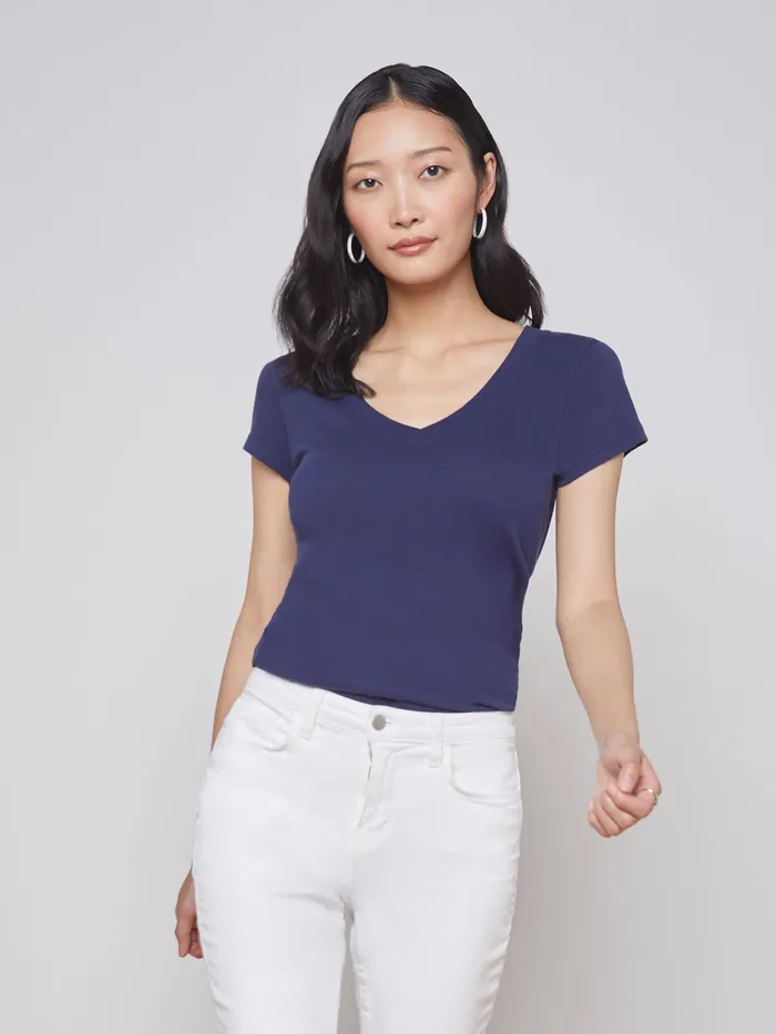 Women L039Agence Tees Becca Cotton VNeck Tee Navy