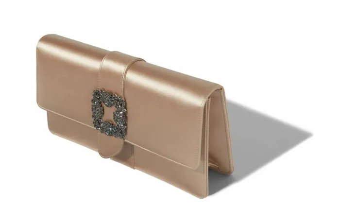 Women Light Beige Satin Jewel Buckle Clutch Manolo Blahnik Bags
