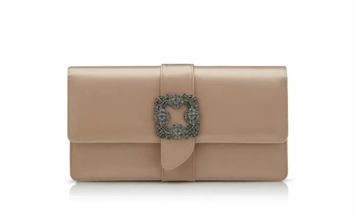 Women Light Beige Satin Jewel Buckle Clutch Manolo Blahnik Bags