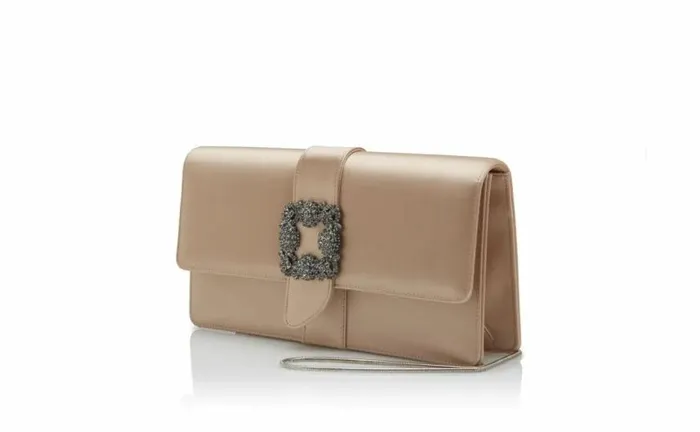 Women Light Beige Satin Jewel Buckle Clutch Manolo Blahnik Bags