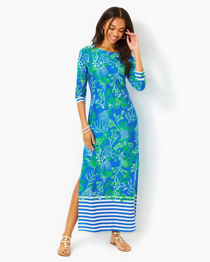 Women Lilly Pulitzer Dresses UPF 50 ChillyLilly Seralina Maxi Dress Briny Blue A Bit Salty Engineered Chillylilly