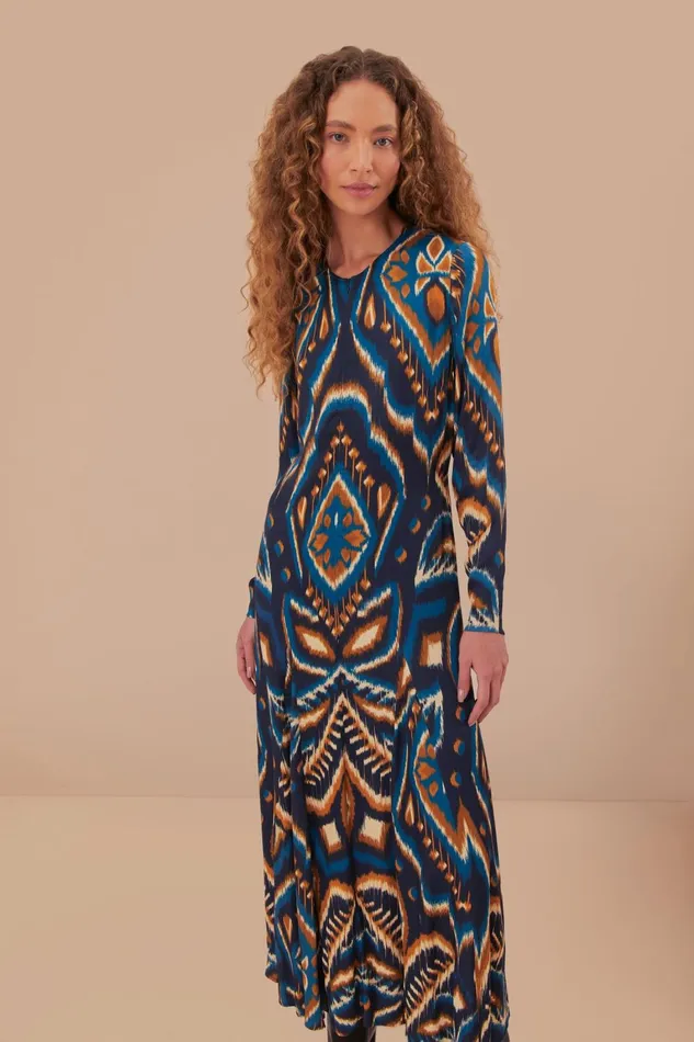 Women Maxi Dresses Farm Rio Blue Pineapple Ikat Lenzing Ecovero Viscose Maxi Dress