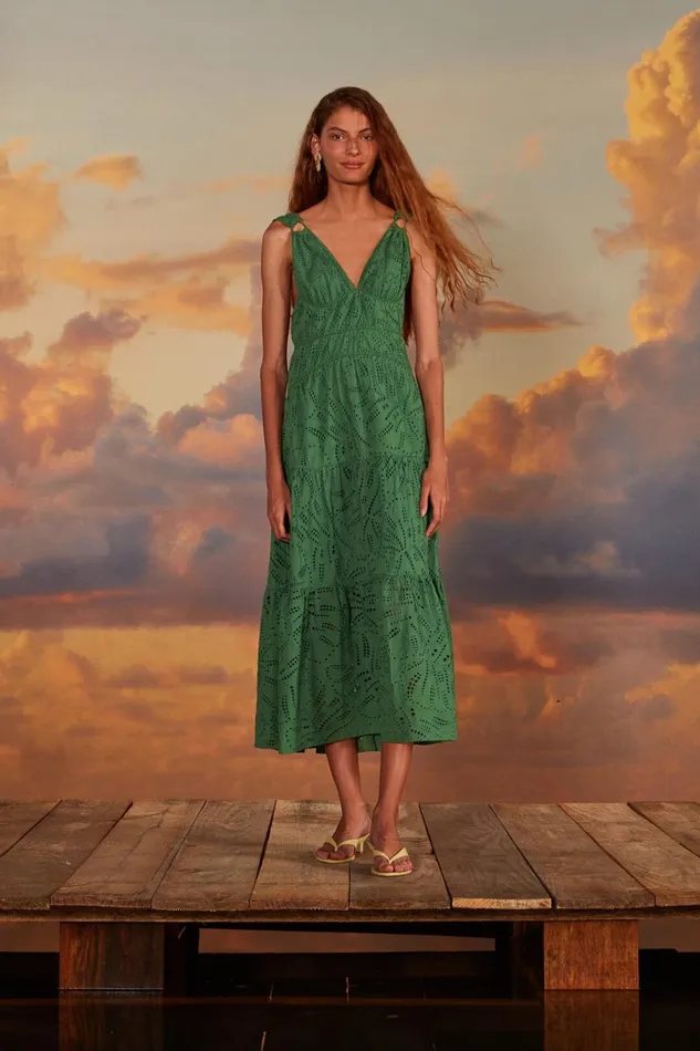 Women Maxi Dresses Farm Rio Green Monstera Corset Eyelet Maxi Dress
