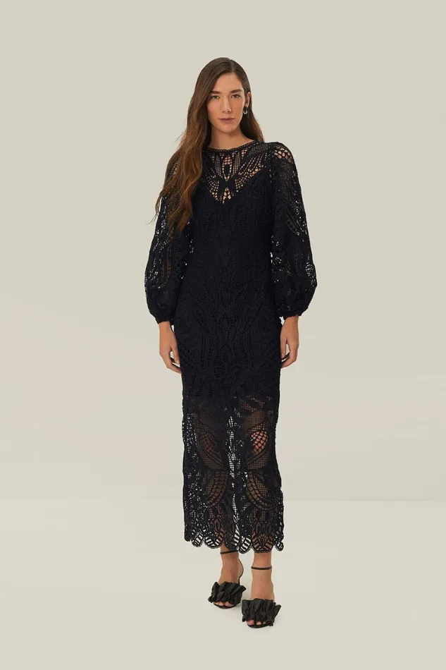 Women Midi Dresses Farm Rio Black Nature Guipure Midi Dress