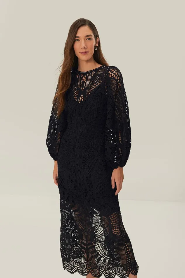 Women Midi Dresses Farm Rio Black Nature Guipure Midi Dress