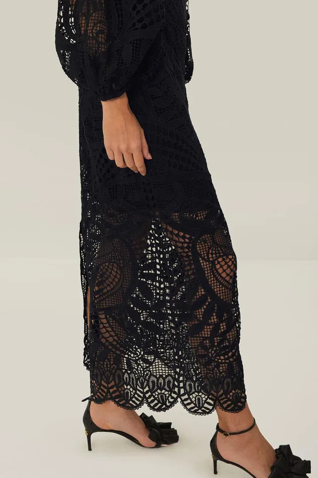 Women Midi Dresses Farm Rio Black Nature Guipure Midi Dress