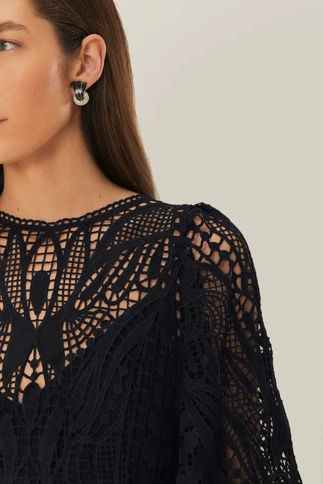 Women Midi Dresses Farm Rio Black Nature Guipure Midi Dress