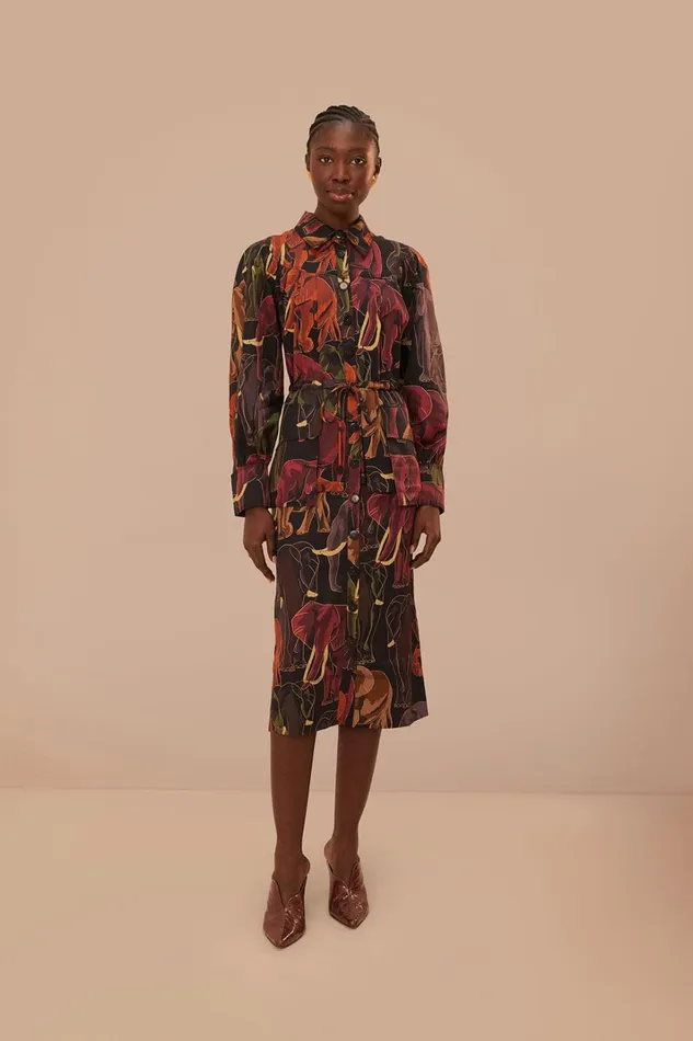 Women Midi Dresses Farm Rio Brown Elephants Long Sleeve Midi Dress