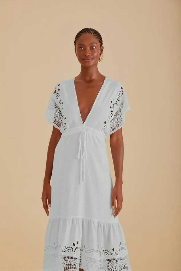 Women Midi Dresses Farm Rio OffWhite Embroidered Guipure Euroflax Premium Linen Midi Dress