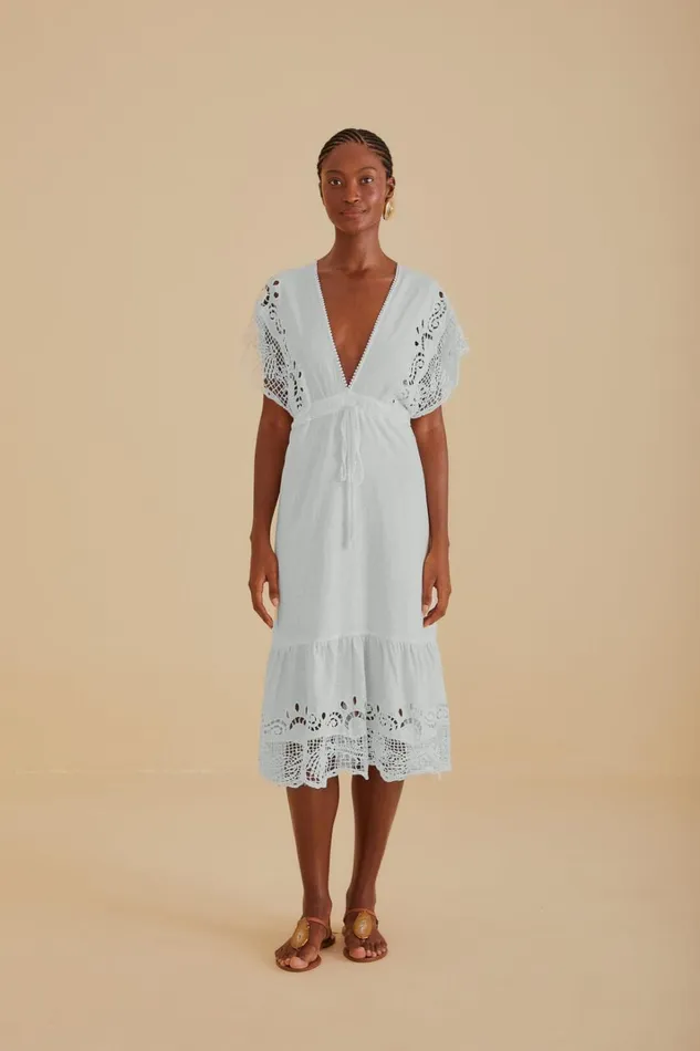 Women Midi Dresses Farm Rio OffWhite Embroidered Guipure Euroflax Premium Linen Midi Dress