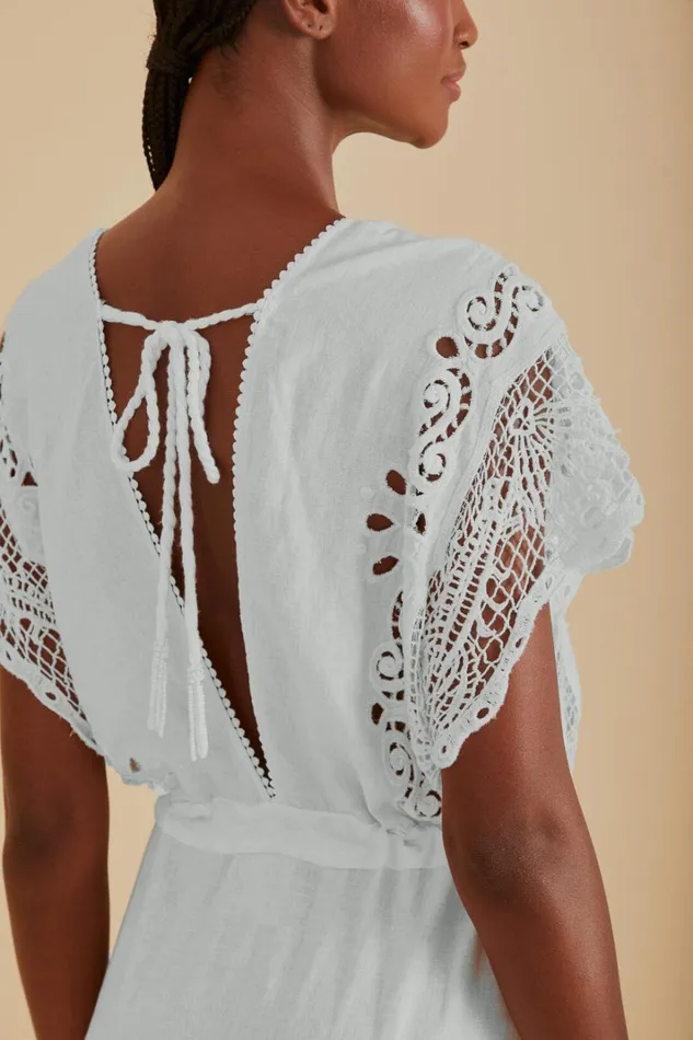 Women Midi Dresses Farm Rio OffWhite Embroidered Guipure Euroflax Premium Linen Midi Dress