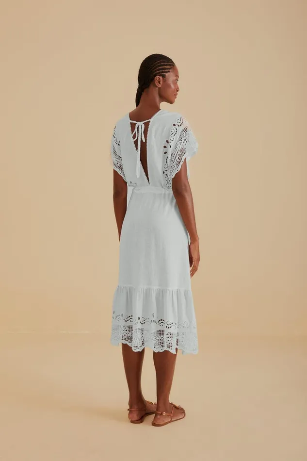 Women Midi Dresses Farm Rio OffWhite Embroidered Guipure Euroflax Premium Linen Midi Dress