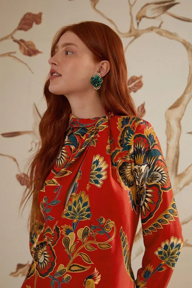 Women Midi Dresses Farm Rio Red Maxi Floral Cutout Lenzing Ecovero Viscose Midi Dress